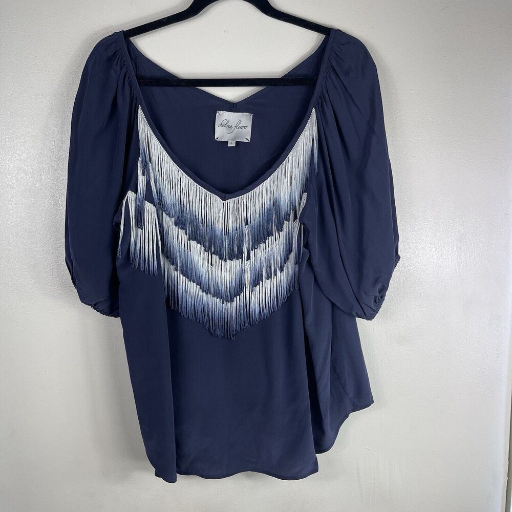 Anthropologie Chelsea Flower Silk Blouse Fringe front‎ Women Size Large Cowboy